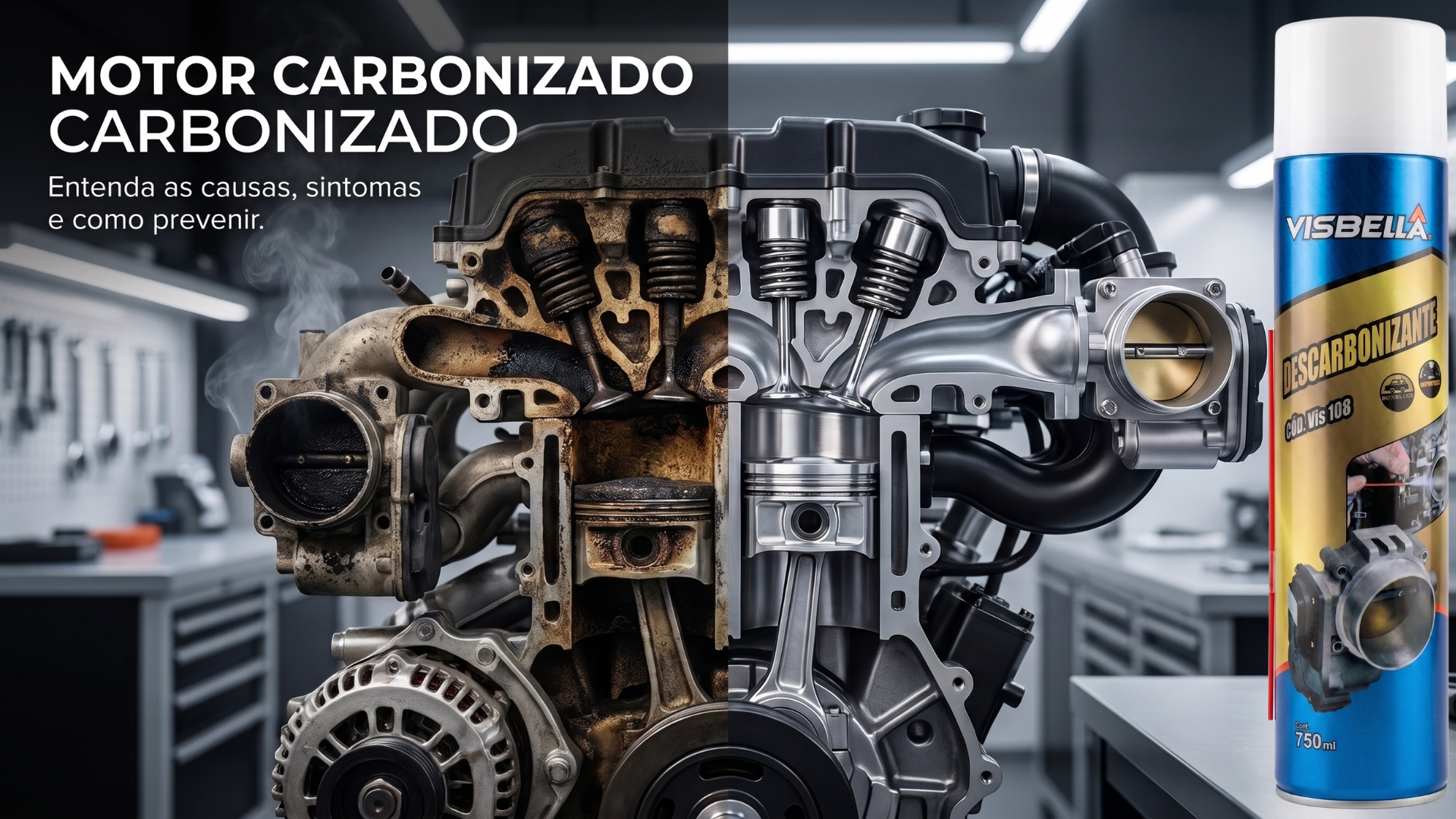 Ilustração técnica mostrando um motor carbonizado comparado a um motor limpo após a remoção de resíduos de carbono, destacando o uso do Descarbonizante Visbella VIS108 para manutenção preventiva automotiva.