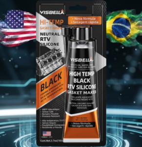 RTV Silicone Preto de alta temperatura para vedação de motores, cárteres, tampas de válvula, caixas de câmbio e componentes automotivos, resistente a óleo, vibração e temperaturas de até 315°C.