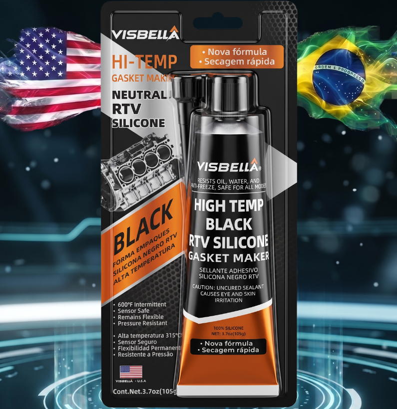 RTV Silicone Preto de alta temperatura para vedação de motores, cárteres, tampas de válvula, caixas de câmbio e componentes automotivos, resistente a óleo, vibração e temperaturas de até 315°C.