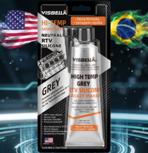 RTV Silicone Cinza de alta temperatura para vedação de motores, flanges, caixas de câmbio e componentes automotivos, resistente a óleo, vibração e temperaturas de até 315°C.