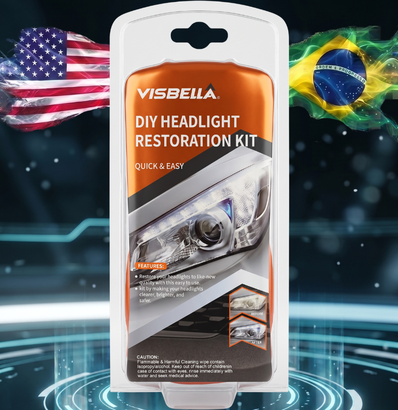Kit restaurador de faróis que remove amarelamento, oxidação e riscos superficiais de lentes de policarbonato, restaurando o brilho, a transparência e a proteção UV.
