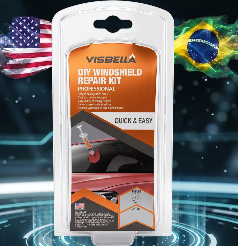 Kit reparador de para-brisa que recupera pequenas trincas e lascas em vidros automotivos laminados com resina óptica de alta transparência e acabamento profissional.