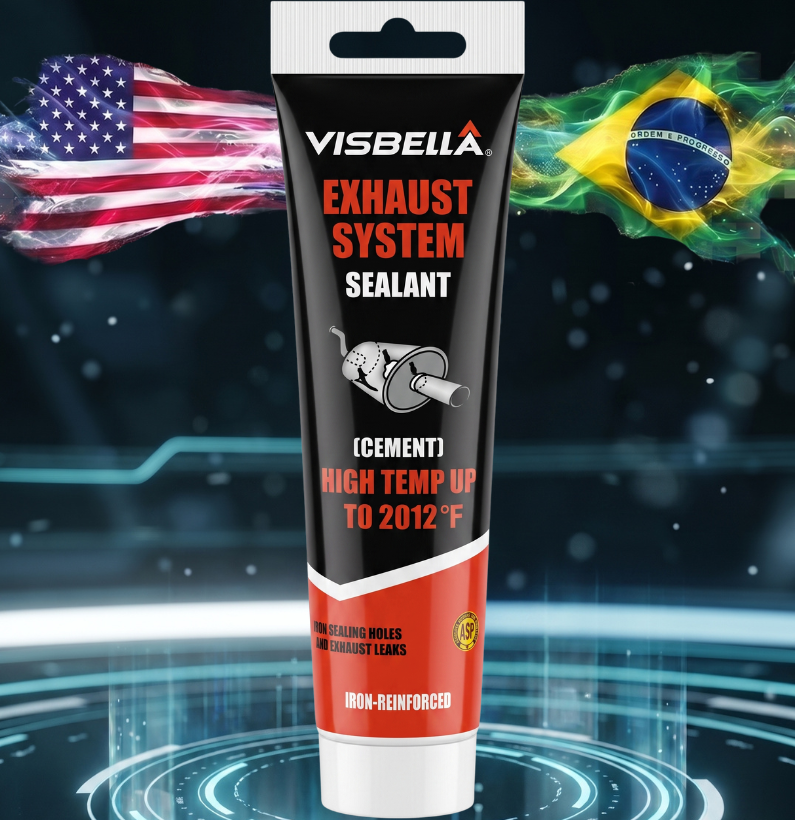 Reparador de escapamento de alta temperatura que veda furos, trincas e vazamentos em escapamentos, silenciadores e coletores, resistente a até 600°C.