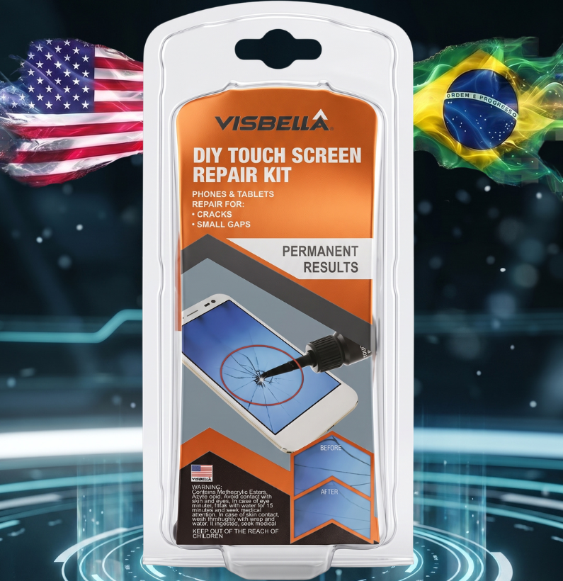 Kit para reparo de tela de celular que recupera pequenas trincas em vidros de smartphones e tablets com resina UV de alta transparência e acabamento profissional.