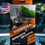 Kit repelente de chuva para vidros automotivos que cria uma película hidrofóbica, melhora a visibilidade em dias chuvosos e facilita o escoamento da água.