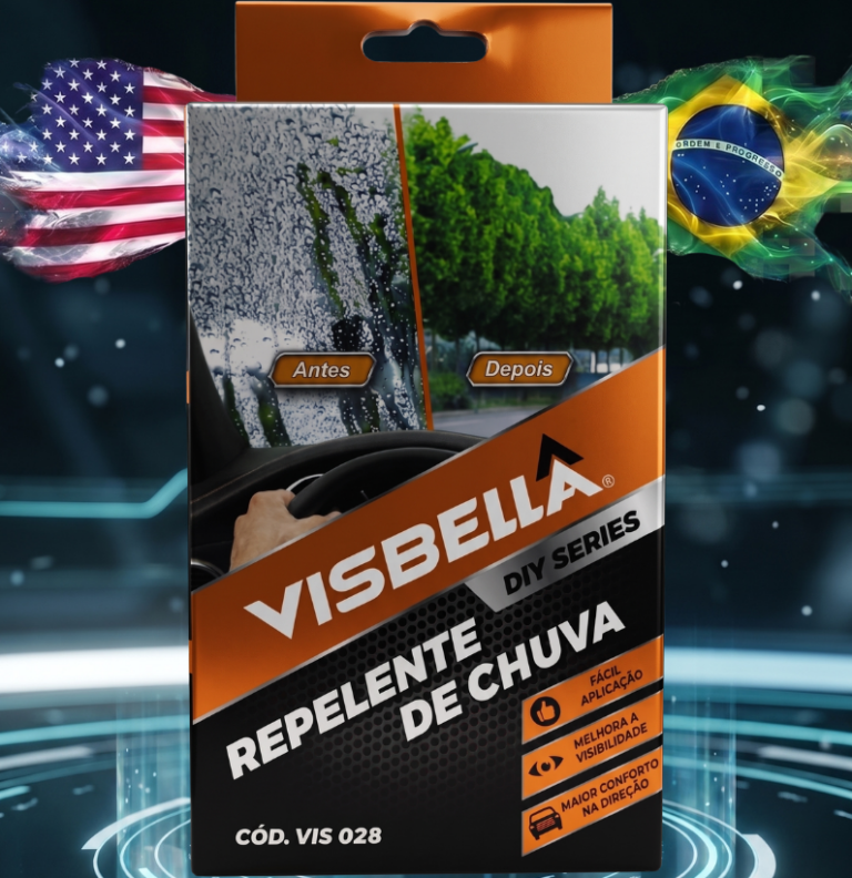 Kit repelente de chuva para vidros automotivos que cria uma película hidrofóbica, melhora a visibilidade em dias chuvosos e facilita o escoamento da água.