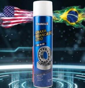 Graxa branca de lítio em spray que lubrifica, protege contra ferrugem, reduz o atrito e resiste à água, calor e desgaste em peças metálicas e mecanismos móveis.
