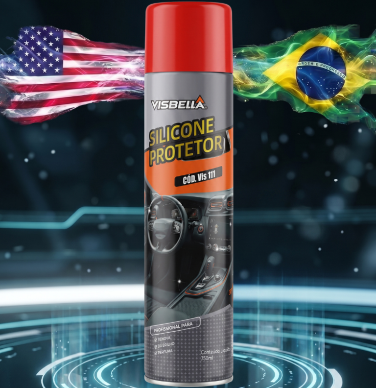 Silicone protetor automotivo que limpa, renova e protege painéis, plásticos, vinil, couro e superfícies internas, proporcionando brilho intenso e perfume duradouro.