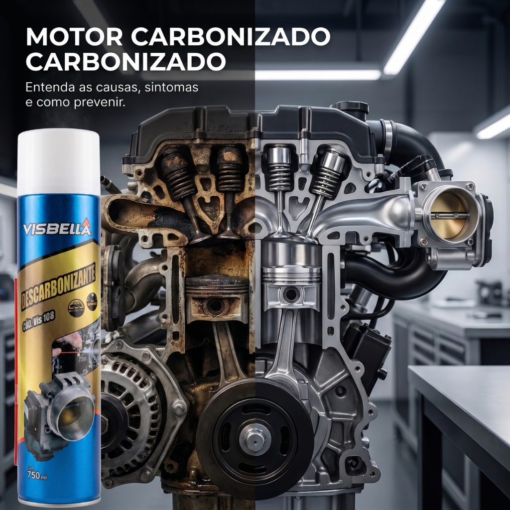 Ilustração técnica mostrando um motor carbonizado comparado a um motor limpo após a remoção de resíduos de carbono, destacando o uso do Descarbonizante Visbella VIS108 para manutenção preventiva automotiva.